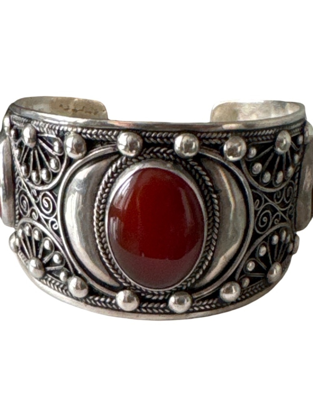 Vintage Moroccan Berber-Style Silver Cuff Bracelet with Red Carnelian Cabochon